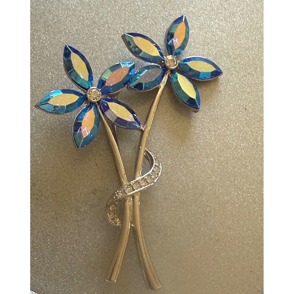 Vintage Avon Blue 2 Aurora Borealis 5 petal Flower‎ stem Brooch large Pin